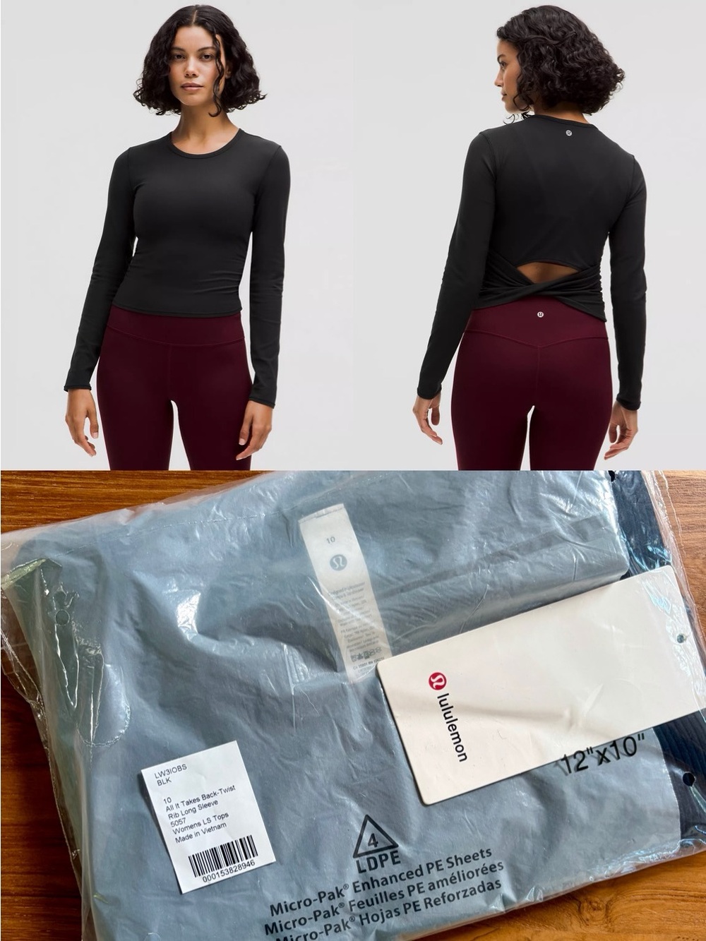 BNWT Lululemon All It Takes Back-Twist Ribbed Long-Sleeve Shirt, Black, Size 10